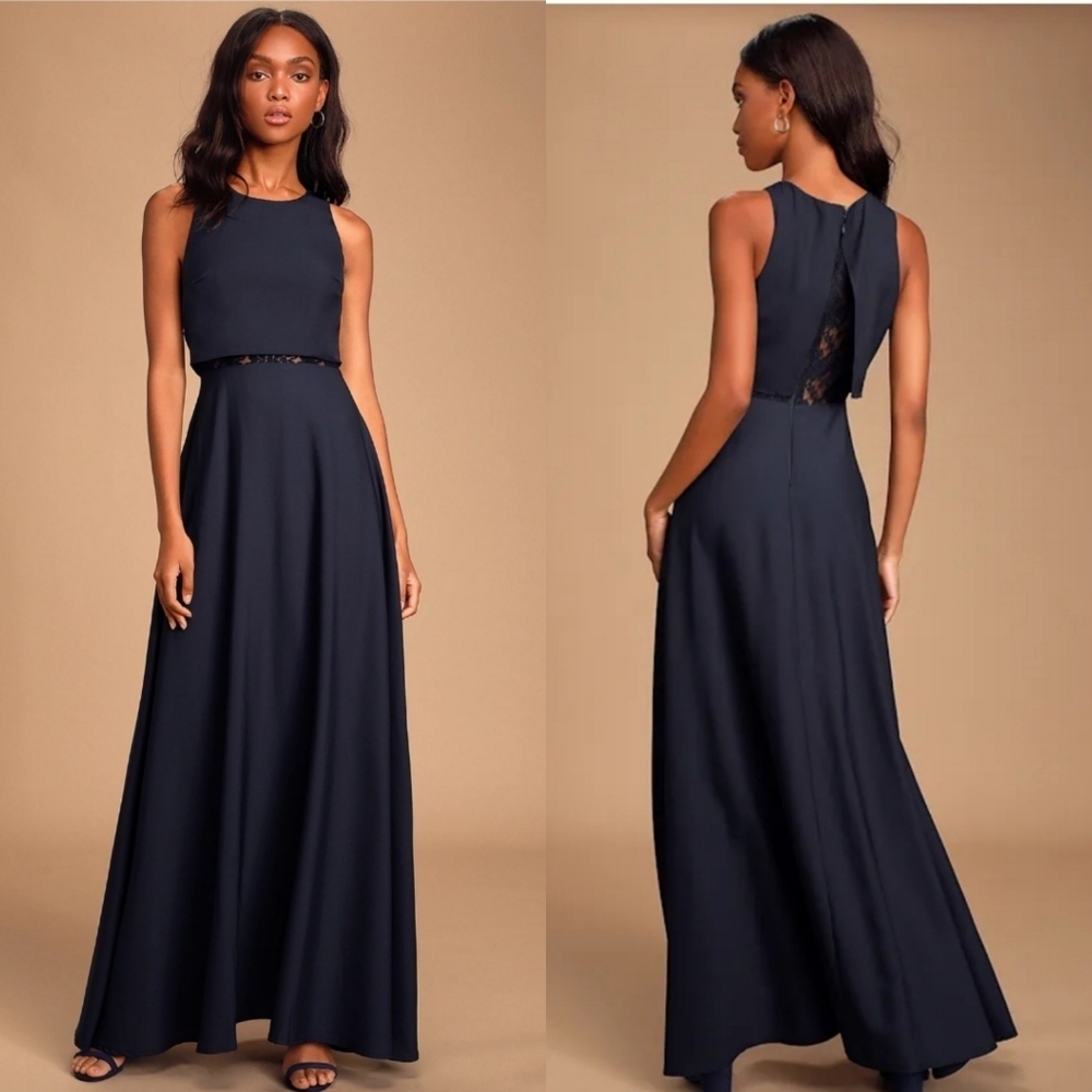 Lulus True Lover Navy Blue Lace Backless Maxi Dress NWT XS